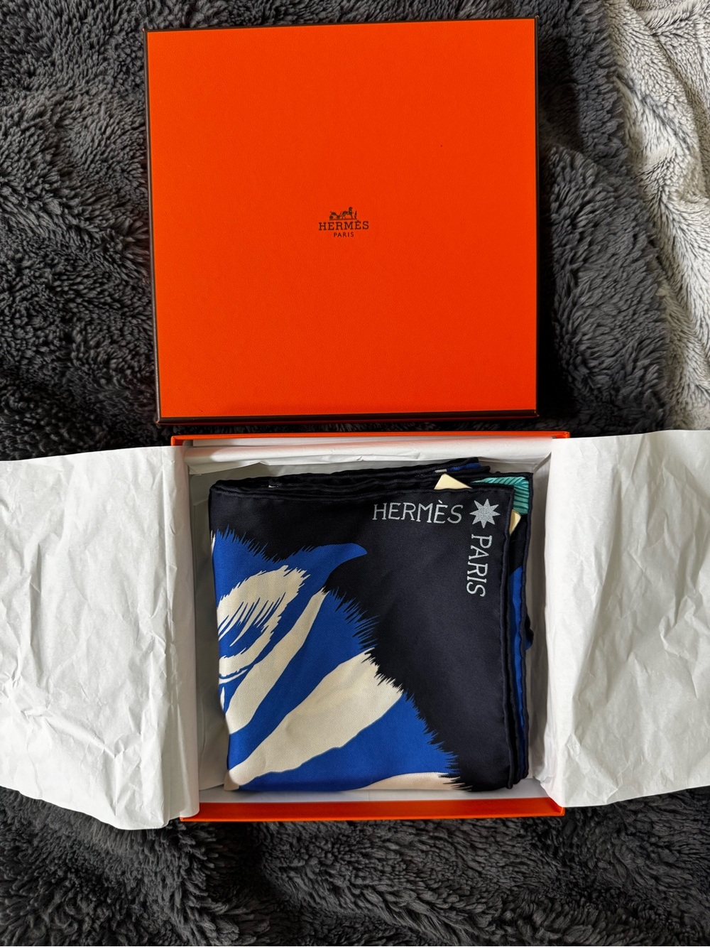 Hermès Silk Scarf in Navy, Royal Blue & Cream